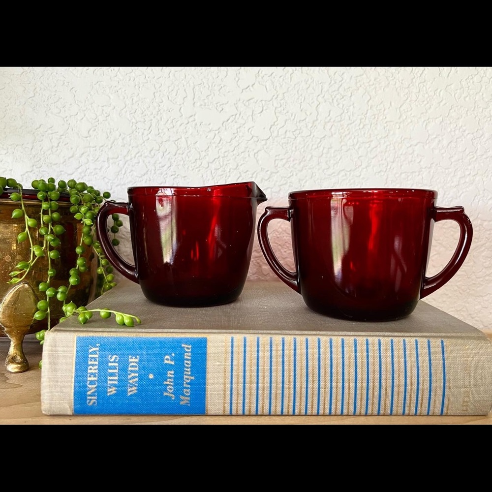 Vintage Anchor Hocking Ruby Red Glass Cream n’ Sugar Set